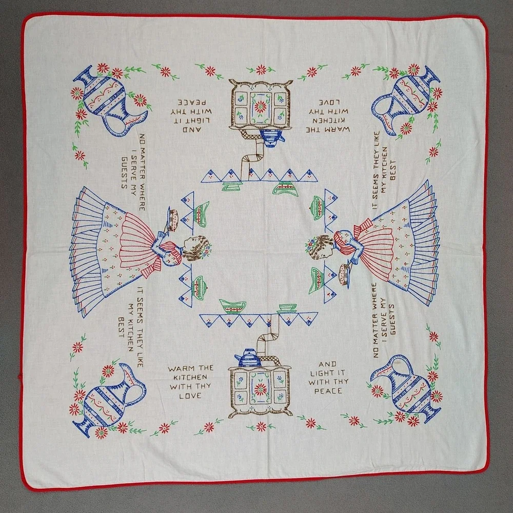 Vintage Embroidered Tablecloth Cottage Kitchen Hosting 50s Cross Stitch 33